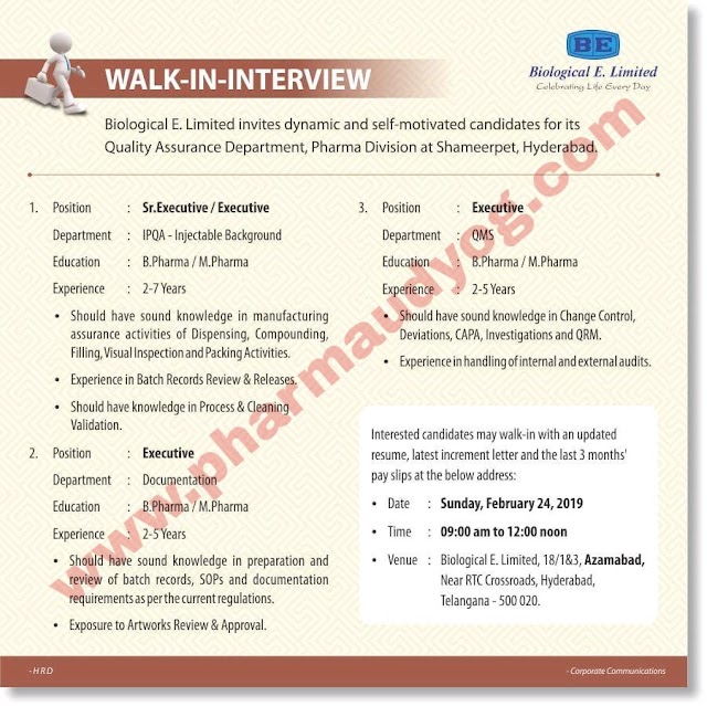 Biological E | Walk-in for IPQA/QMS/Documentation | 24th Feb 2019 | Hyderabad