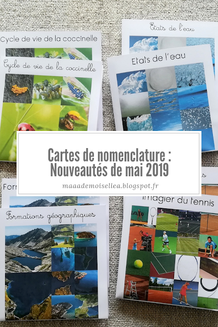 || Cartes de nomenclature : Nouveautés de mai 2019 : Cycle de vie de la coccinelle, Etats de l'eau, Formations géographiques, Imagier du tennis