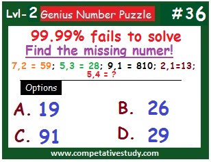 Number Puzzle: Find the missing number: 7,2 = 59; 5,3 = 28; 9,1 = 810; 2,1 = 13; 5,4 = ?