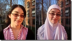 Sarah Rhodes_ with and without her hijab