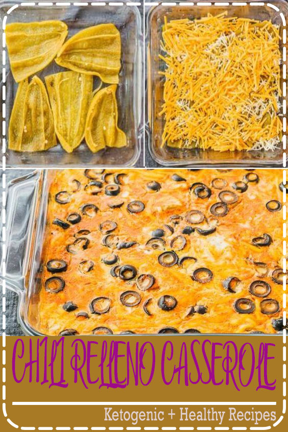 This chili relleno casserole is a vegetarian Mexican casserole recipe that's easy to make, healthy, low carb, keto, and gluten free. It's made with cheese, eggs, enchilada sauce, olives, and green chiles like Ortega's canned version. Families can enjoy it as a meatless breakfast or dinner. Click the pin to find the recipe, nutrition facts, and step by step photos. #healthy #healthyrecipes #lowcarb #keto