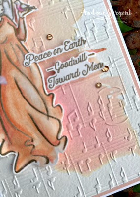 The Angel of Peace heralds "Peace on Earth, Goodwill to all Men", being displayed on a watercolour embossed background, by Andrea Sargent, Australia