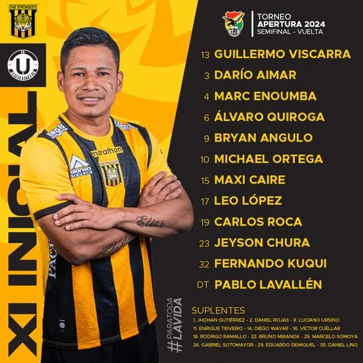 Alineaciones de The Strongest vs Universitario de Vinto Semifinal Apertura 2024