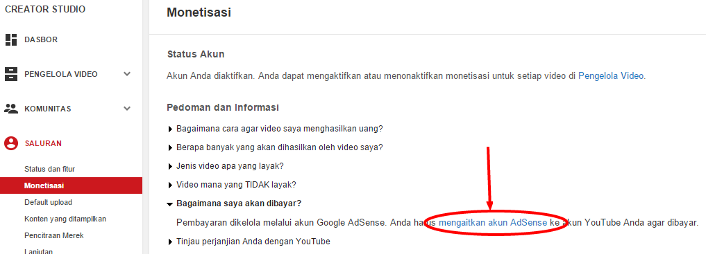  kita telah mempelajari bagaimana cara memasang iklan di Youtube Cara Mengaitkan Akun Adsense dengan Youtube