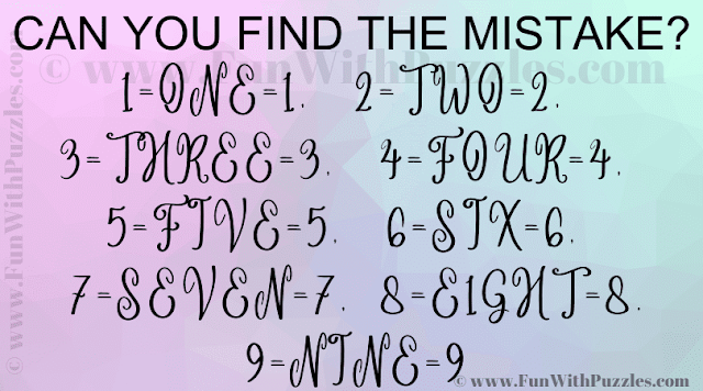 CAN YOU FIND THE MISTAKE? 1=ONE=1, 2=TWO=2, 3=THREE=3, 4=FOUR=4, 5=FIVE=5, 6=SIX=6, 7=SEVEN=7, 8=E1GHT=8, 9=NINE=9