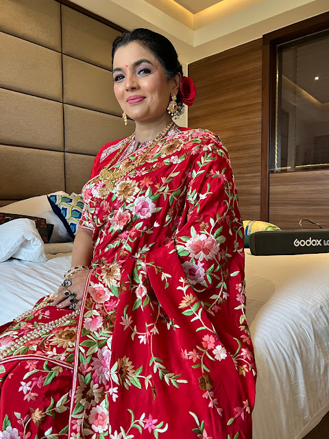 Red hand embroidered parsi gara saree