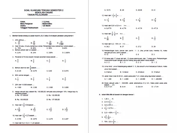 Soal Uts Matematika Kelas 5 Sd Mi Semester 2 Berkas Edukasi