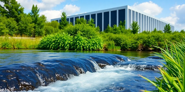 Modern data centre beside a flowing water source.