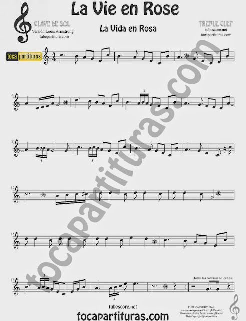  La Vida es Rosa Partitura en Clave de Sol para Flauta, Violín, Clarinete, Trompeta, Saxo Alto, Tenor y Soprano Sax, Cornos... (más partituras abajo) La Vie en Rose Easy Sheet Music for treble clef Violin, Flute, Clarinet, Trumpet, Horn, Saxophones...