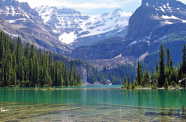 A lake in British Columbia with rugged mountains in the background.