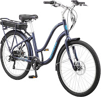 Schwinn Mendocino Hybrid Electric Beach Cruiser Bike E-Bike, image, with 16.5" frame, 26" wheels, 36V rechargeable battery, 20 MPH speed, 35-45 miles distance range, 3 pedal assist levels and full throttle