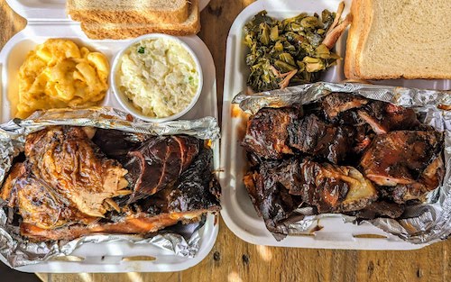 Two plates: combo and rib tips with sides and bread