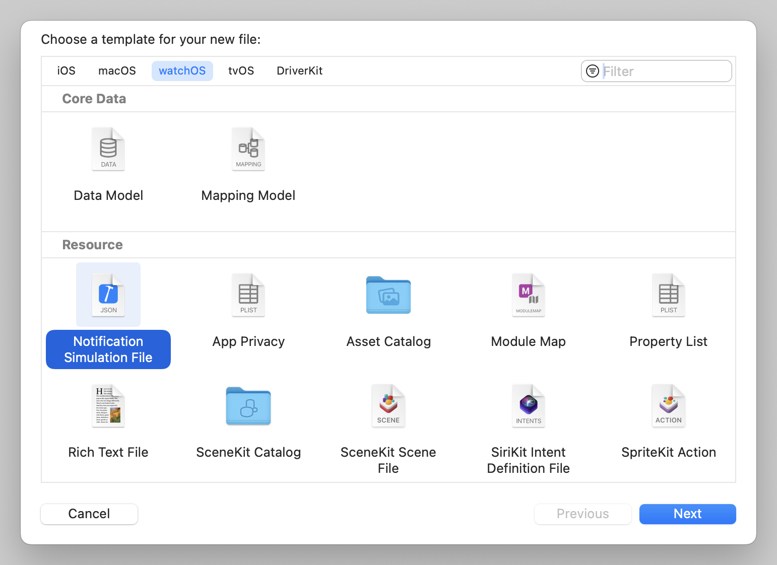 Xcode New File watchOS Notification Simulation File