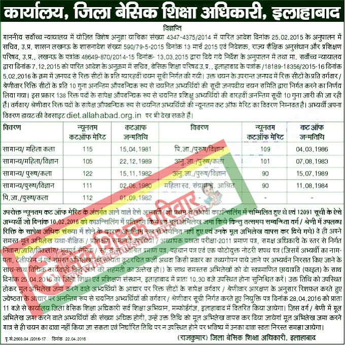 इलाहाबाद की 11वीं मेरिट कट ऑफ जारी : 72825 प्रशिक्षु शिक्षकों की भर्ती Latest News