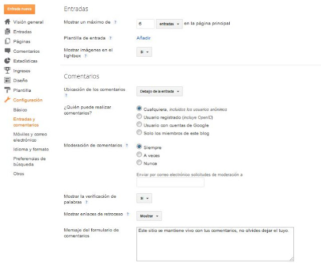 Blogger configuración entradas y comentarios