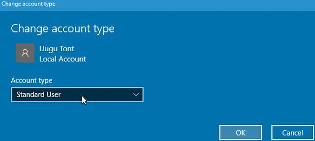 Windows 10, Paramètres, Comptes, Famille et autres personnes, Changer le type de compte. Sélectionnez 'Type de compte' et cliquez sur OK.