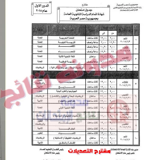 بالصور مقترح تعديلات الوزارة على جدول امتحانات الثانوية العامة 2018 بعد مقترحات اولياء الامور