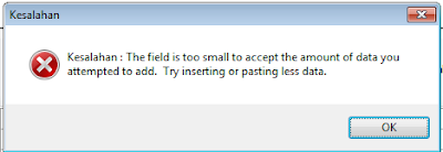 Kesalahan : The field is too small to accept the amount of data you attempted to add. Try inserting or pasting less data.