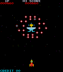 Complete playthrough of the second stage of the 1980 arcade game, Black Hole.  The player fights against a boss surrounded by orbs.