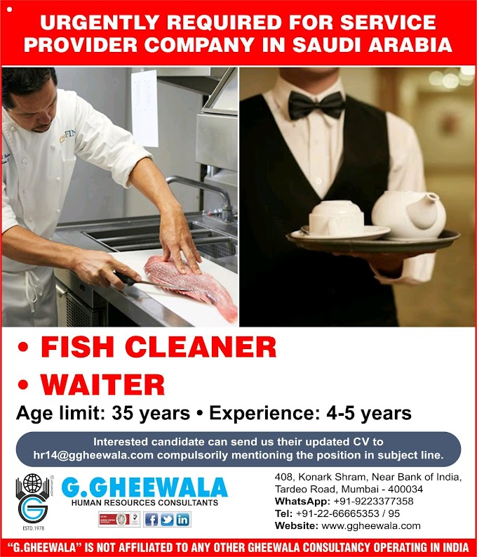 URGENTLY REQUIRED FOR SERVICE  PROVIDER COMPANY IN SAUDI ARABIA FISH CLEANERS WAITER