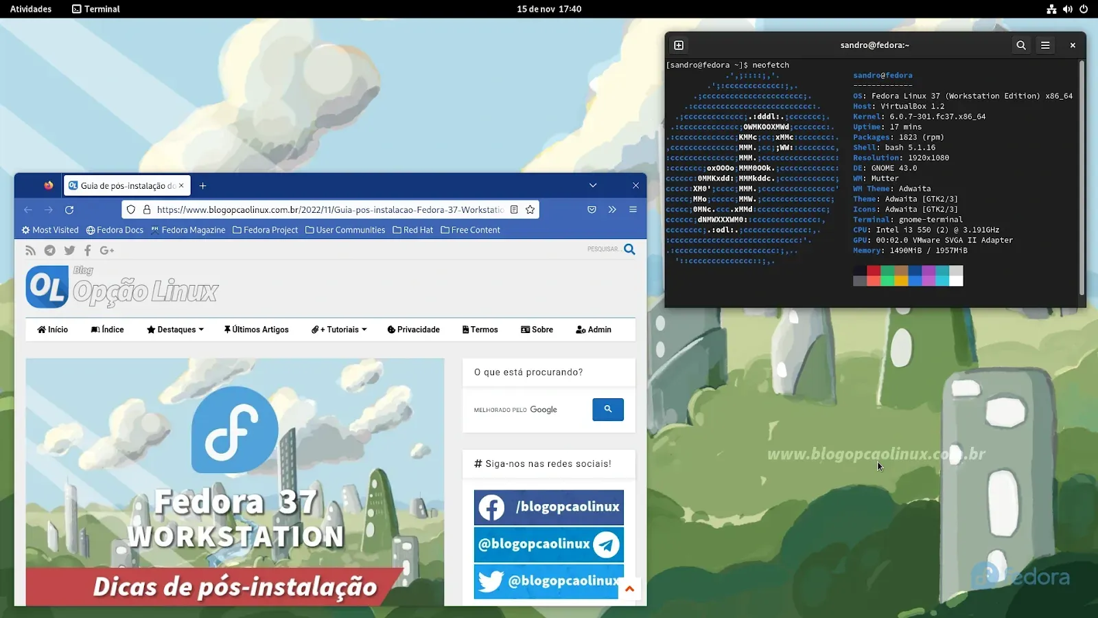 Área de trabalho do Fedora 37 Workstation, com o desktop GNOME 43