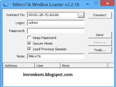 3.Via Winbox  Mikrotik  bisa  juga diakses/remote  menggunakan  tool  winbox (utility kecil di windows yang sangat praktis dan cukup mudah digunakan). Winbox merupakan tool untuk meremote Mikrotik yang paling populer karena selain mudah juga dapat menampilkan menu-menu pada Mikrotik secara GUI. Tampilan awal mengaktifkan winbox seperti ini :  