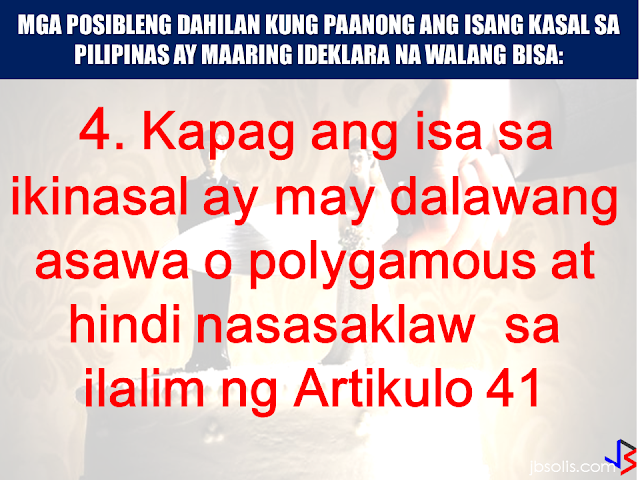 Marriage is a union of two people in matrimony duly solemnized by a priest, a pastor, a minister a licensed representative of a congregation authorized to conduct  such act or a judge/public official with authority to join a couple in matrimony. In such cases, a valid legal marriage can be difficult to annul and it has to go various legal process and a lot of penny to spend. However, there are some circumstances that a marriage can be declared null and void.  Here are some grounds stated in Article 35 of Executive Order No. 209, otherwise known as the Family Code of the Philippines:  (1) when a marriage is contracted by any party below eighteen (18) years of age even with the consent of parents or guardians;    (2) when a marriage is solemnized by any person not legally authorized to perform marriages, unless such marriage was contracted with either or both parties believing in good faith that the solemnizing officer had the legal authority to do so;    (3) when a marriage is solemnized without license, except those covered under Title I, Chapter 2 of the Family Code;   Family Code of the Philippines Title 1 Chapter 2. Marriages Exempted from License Requirement  Art. 27. In case either or both of the contracting parties are at the point of death, the marriage may be solemnized without necessity of a marriage license and shall remain valid even if the ailing party subsequently survives. (72a)  Art. 28. If the residence of either party is so located that there is no means of transportation to enable such party to appear personally before the local civil registrar, the marriage may be solemnized without necessity of a marriage license. (72a) Art. 29. In the cases provided for in the two preceding articles, the solemnizing officer shall state in an affidavit executed before the local civil registrar or any other person legally authorized to administer oaths that the marriage was performed in articulo mortis or that the residence of either party, specifying the barrio or barangay, is so located that there is no means of transportation to enable such party to appear personally before the local civil registrar and that the officer took the necessary steps to ascertain the ages and relationship of the contracting parties and the absence of legal impediment to the marriage. (72a) Art. 30. The original of the affidavit required in the last preceding article, together with the legible copy of the marriage contract, shall be sent by the person solemnizing the marriage to the local civil registrar of the municipality where it was performed within the period of thirty days after the performance of the marriage. (75a) Art. 31. A marriage in articulo mortis between passengers or crew members may also be solemnized by a ship captain or by an airplane pilot not only while the ship is at sea or the plane is in flight, but also during stopovers at ports of call. (74a) Art. 32. A military commander of a unit, who is a commissioned officer, shall likewise have authority to solemnize marriages in articulo mortis between persons within the zone of military operation, whether members of the armed forces or civilians. (74a) Art. 33. Marriages among Muslims or among members of the ethnic cultural communities may be performed validly without the necessity of marriage license, provided they are solemnized in accordance with their customs, rites or practices. (78a) Art. 34. No license shall be necessary for the marriage of a man and a woman who have lived together as husband and wife for at least five years and without any legal impediment to marry each other. The contracting parties shall state the foregoing facts in an affidavit before any person authorized by law to administer oaths. The solemnizing officer shall also state under oath that he ascertained the qualifications of the contracting parties are found no legal impediment to the marriage. (76a)    (4) when a marriage is bigamous or polygamous and not falling under Article 41;  Art. 41. A marriage contracted by any person during subsistence of a previous marriage shall be null and void, unless before the celebration of the subsequent marriage, the prior spouse had been absent for four consecutive years and the spouse present has a well-founded belief that the absent spouse was already dead. In case of disappearance where there is danger of death under the circumstances set forth in the provisions of Article 391 of the Civil Code, an absence of only two years shall be sufficient. For the purpose of contracting the subsequent marriage under the preceding paragraph the spouse present must institute a summary proceeding as provided in this Code for the declaration of presumptive death of the absentee, without prejudice to the effect of reappearance of the absent spouse. (83a)   (5) when a marriage is contracted through mistake of one contracting party as to the identity of the other; and       (6) a subsequent marriage which is void under Article 53.  Art. 53. Either of the former spouses may marry again after compliance with the requirements of the immediately preceding Article; otherwise, the subsequent marriage shall be null and void.  (7) A marriage between the following persons may also be declared null and void, whether their relationship be legitimate or illegitimate: (1) between ascendants and descendants of any degree; and (2) between brothers and sisters, whether of the full or half blood (Article 37, Family Code of the Philippines). Art. 37. Marriages between the following are incestuous and void from the beginning, whether relationship between the parties be legitimate or illegitimate: (1) Between ascendants and descendants of any degree; and (2) Between brothers and sisters, whether of the full or half blood. (81a)  Some other things that may deem your marriage absolutely null and void for reasons of public policy when it is contracted between the following persons as stated in Article 38 of the Family Code of the Philippines :  (1) collateral blood relatives whether legitimate or illegitimate, up to the fourth civil degree; (2) step-parents and step-children;  (3) parents-in-law and children-in-law; (4) adopting parent and the adopted child; (5) surviving spouse of the adopting parent and the adopted child; (6) surviving spouse of the adopted child and the adopter; (7) an adopted child and a legitimate child of the adopter; (8) adopted children of the same adopter; and (9) parties where one, with the intention to marry the other, killed that other person’s spouse, or his or her own spouse  Source:The Manila Times, The Family Code of the Philippines Recommended: Lawyers admit, Annulment in the Philippines is very expensiveGetting married is expensive in the Philippines, as well as getting out of marriage.  Aside from costly process, annulment of marriage is also a physically and mentally exhausting according to Business Mirror lawyer Marjorie de Castro.  She said, if you are a petitioner in an annulment case, it will take a lot of your time as well as your resources. The OFWs are the reason why President Rodrigo Duterte is pushing through with the campaign on illegal drugs, acknowledging their hardships and sacrifices. He said that as he visit the countries where there are OFWs, he has heard sad stories about them: sexually abused Filipinas,domestic helpers being forced to work on a number of employers."I have been to many places. I have been to the Middle East. You know, the husband is working in one place, the wife in another country. The so many sad stories I hear about our women being raped, abused sexually," The President said.   According to the Department of Trade and Industry, putting up a business here is the answer for the OFWs to stay here for good without the need of working abroad  and leaving the family for bigger income.President Duterte in a speech with the Filipino community in Japan, stressed that this generation of  OFWs should be the last, and if they have to go outside the country will be just for travel and vacation.       ©2017 THOUGHTSKOTO www.jbsolis.com SEARCH JBSOLIS
