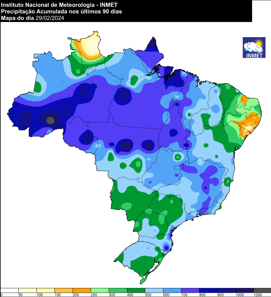 Cartograma com a precipitação acumulada dos últimos 90 dias no Brasil (dez/23-jan-fev/24). Fonte: INMET.