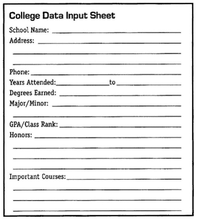College Data Input Sheet