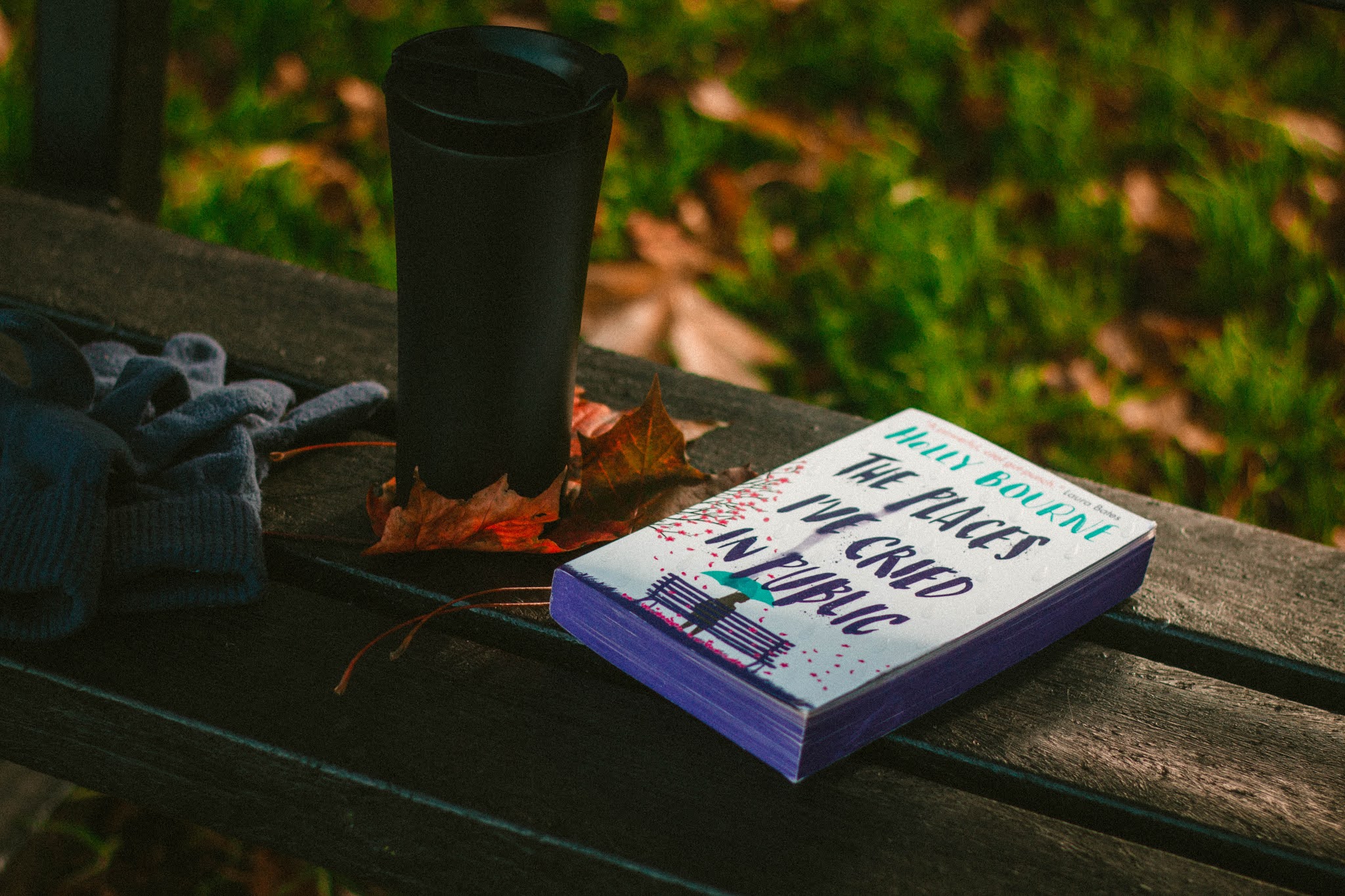 The Places I've Cried in Public by Holly Bourne - on public bench with autumn leaves. YA book review