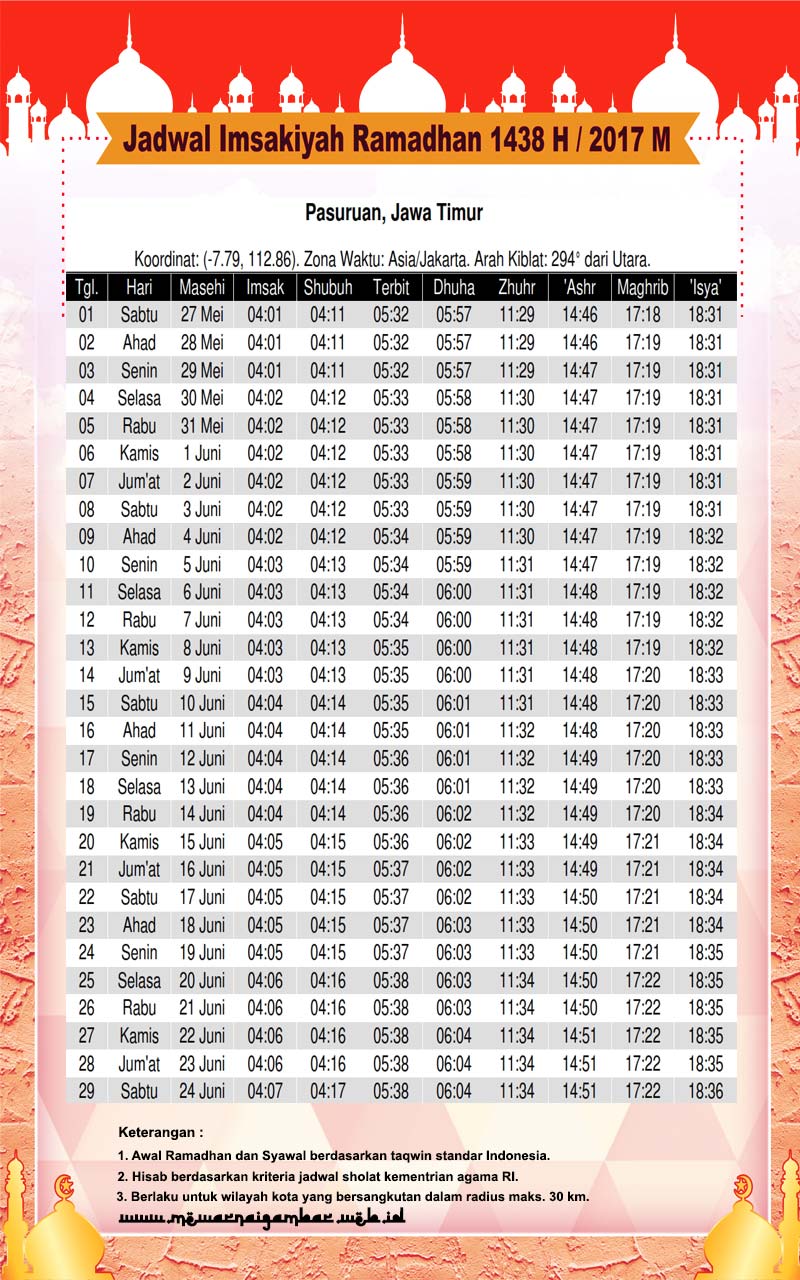 Jadwal Imsakiyah Ramadhan Pasuruan 1438 H 2017 M 