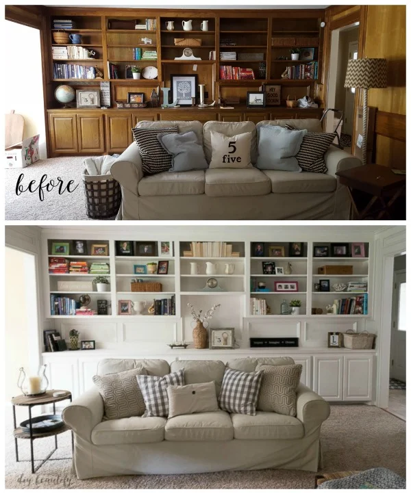 before and after painted paneling and bookcases