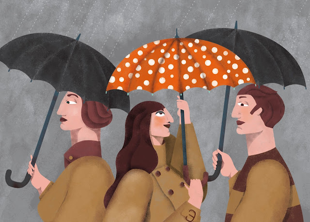 Umbrellas, rainning illustration - Ilustración mujer con paraguas. Lluvia. Optimismo.