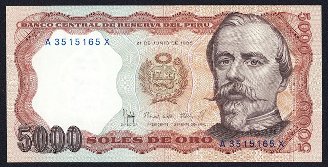 Peru Banknotes 5000 Soles de Oro banknote 1985 Francisco Bolognesi