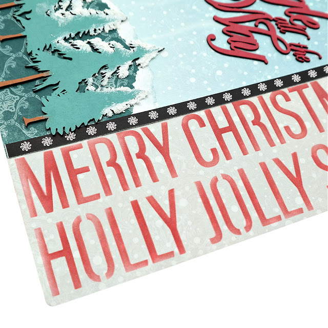 Stenciled Seasonal Words on a Christmas Tree Scrapbook Layout