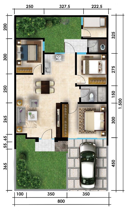 Denah rumah minimalis ukuran  8x15 meter 4 kamar  tidur 1 
