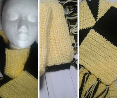 crochet yellow and black blocked scarf