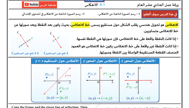 ورقة عمل الإنعكاس الصف الحادي عشر عام