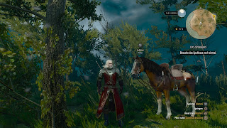 Geralt from Witcher 3 standing beside his horse.