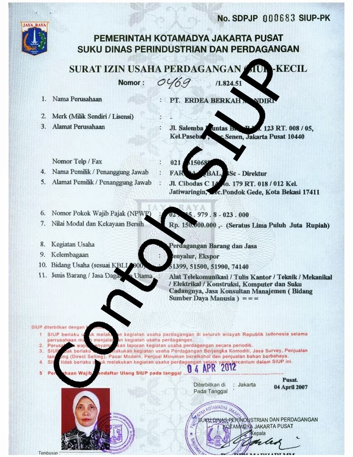 Cara Mengurus/Contoh SIUP (Surat Izin Usaha Perdagangan)+