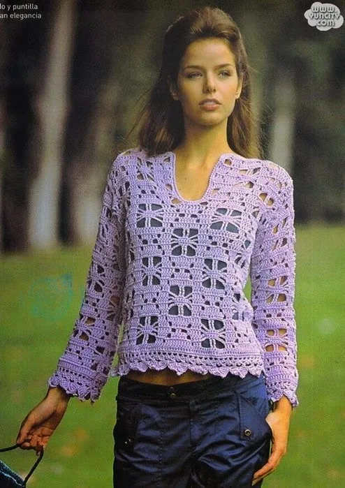 Blusa de mangas largas con un diseño original - al crochet con patrones