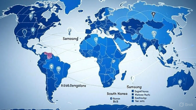 "World map showing Samsung global operations manufacturing facilities R&D centers and market presence across Asia America Europe under Lee Jae-yong expansion strategy"