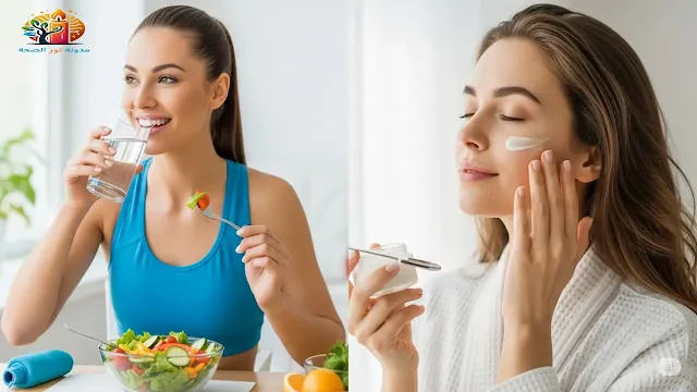 صورة مقسمة تظهر امرأة تشرب الماء وتأكل طعامًا صحيًا، وبجانبها امرأة تطبق مرطبًا على وجهها