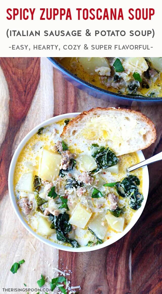 An easy one-pot recipe for creamy potato & sausage soup made with ground Italian sausage, onion, garlic, chopped potatoes, and kale. There's also diced poblano pepper & crushed red pepper flakes, which gives it a spicy kick that's sure to warm you up. Fix this homemade soup any time you need a filling, cozy & super comforting meal. TIP: Serve it with slices of toasted buttered bread so you can dunk them in the flavorful broth. (gluten-free & grain-free)