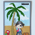 Card with pirate, palm tree and treasure