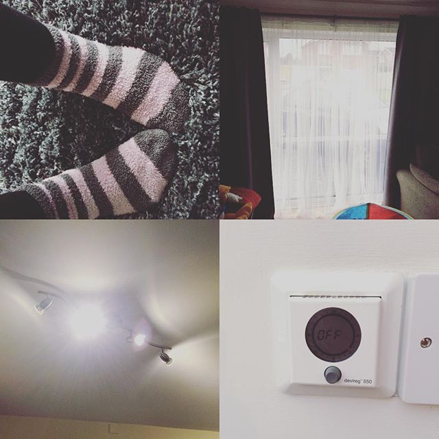 A group of four pictures, one of fluffy socks on a thick rug, a window with thick dark curtains, ceiling lights and a thermostat showing off