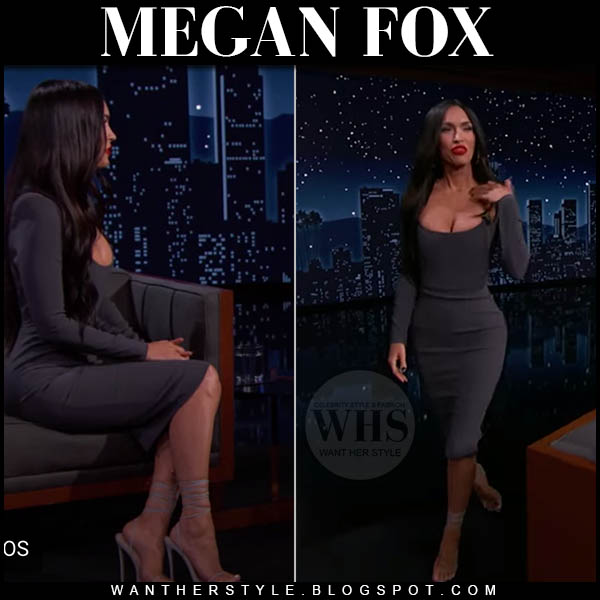 Megan Fox in grey dress and grey sandals