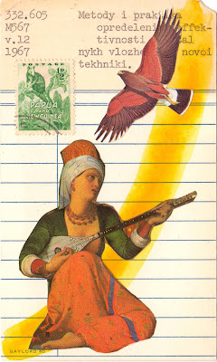 Angel with lute red eagle vintage postage stamp library due date card collage art by Justin Marquis