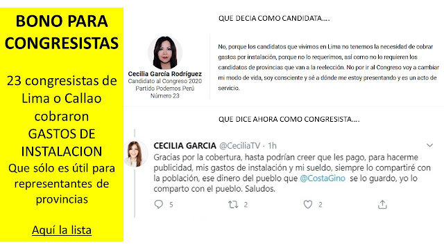 BONO PARA CONGRESISTAS  23 congresistas de Lima o Callao cobraron  GASTOS DE INSTALACION Que sólo es para representantes de provincias