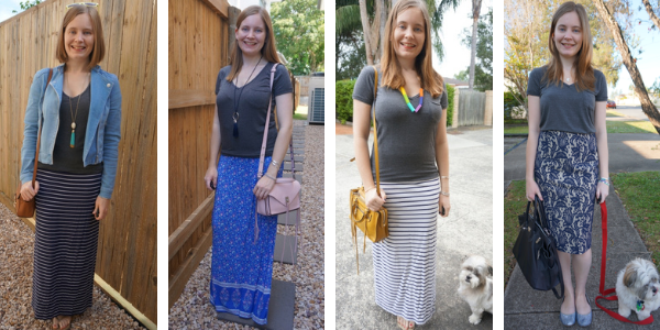 4 outfit ideas with a dark grey tee and skirts | away from blue blog